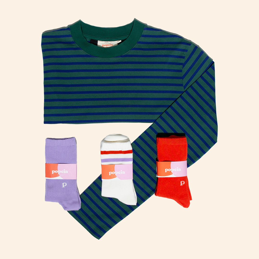 Striped Long Sleeve Shirt Set in Dark Green/Blue