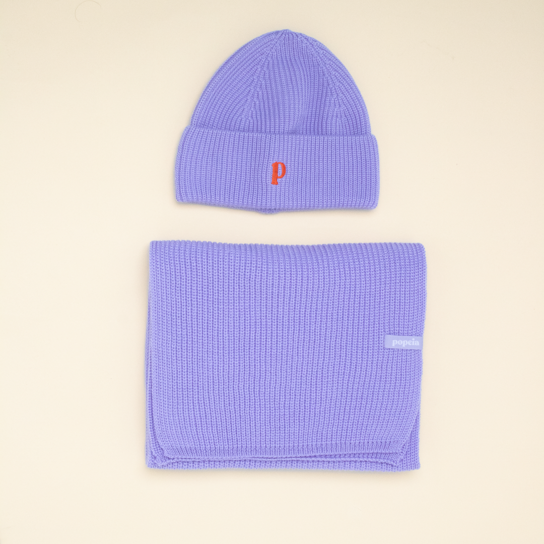 Beanie & Schal im Set - Lila mit Stick