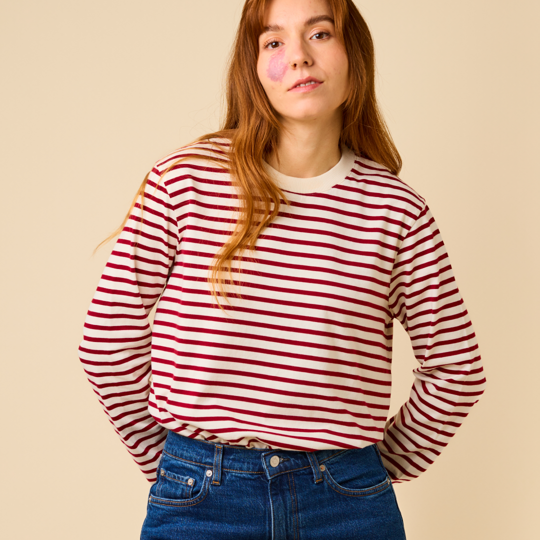 Langarmshirt Gestreift im Set in Bordeaux/Off-White