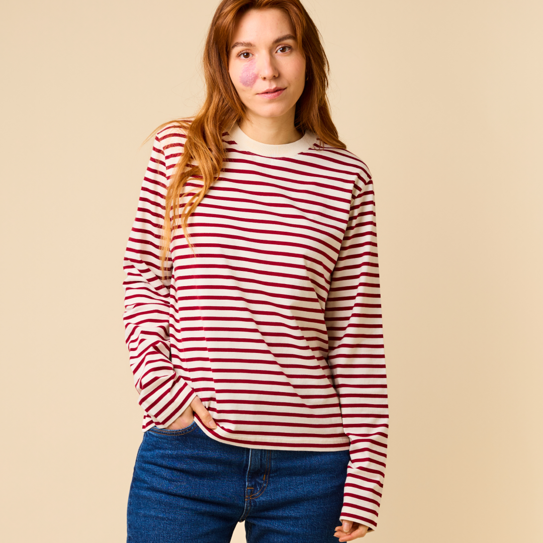 Langarmshirt Gestreift im Set in Bordeaux/Off-White