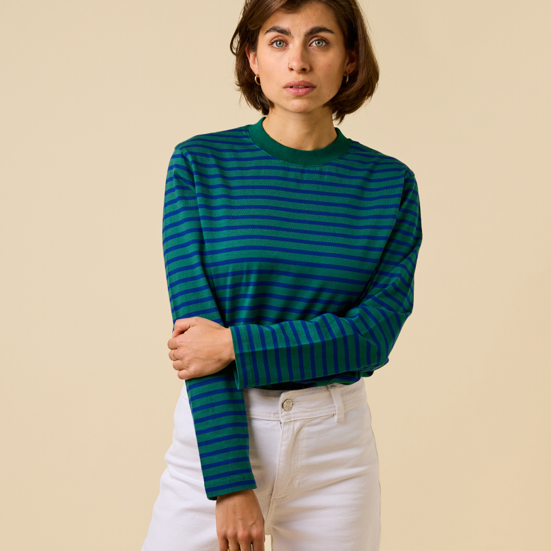 Striped Long Sleeve Shirt Set in Dark Green/Blue