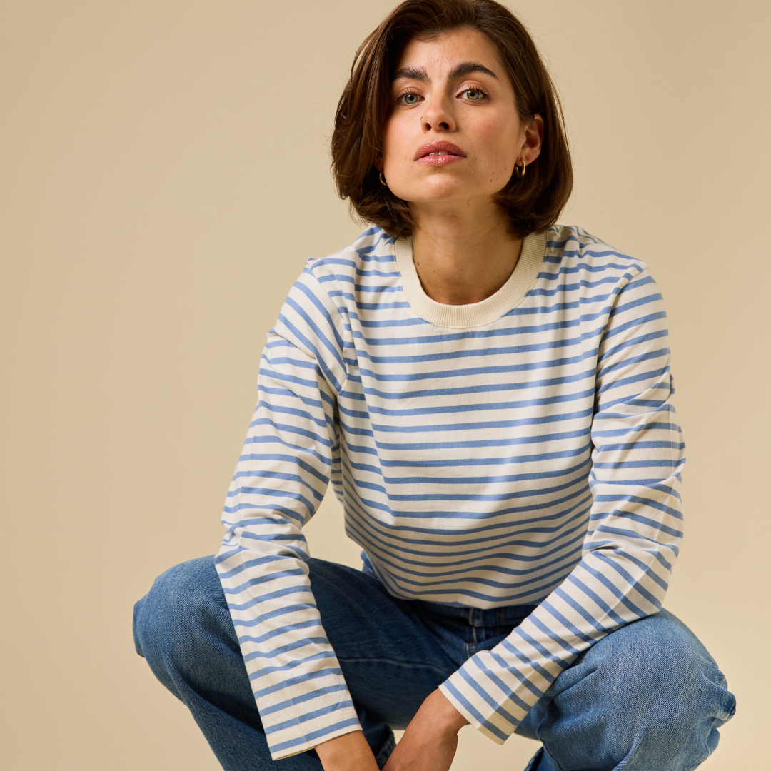 Organic Cotton Long Sleeve Shirt (Striped) in Ice Blue/Off-White