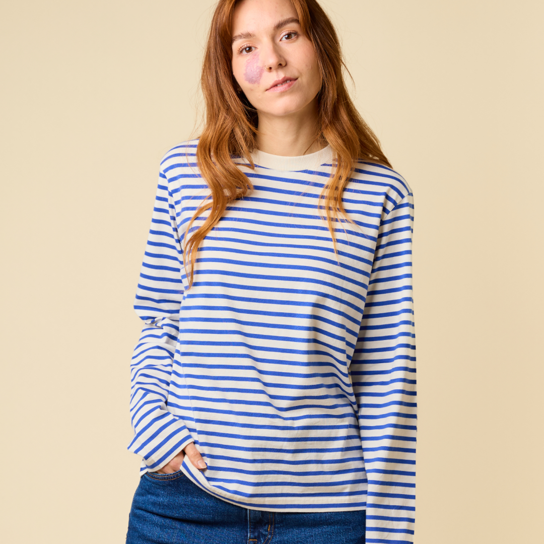 Striped Long Sleeve Shirt Set in Royal Blue/Off-White