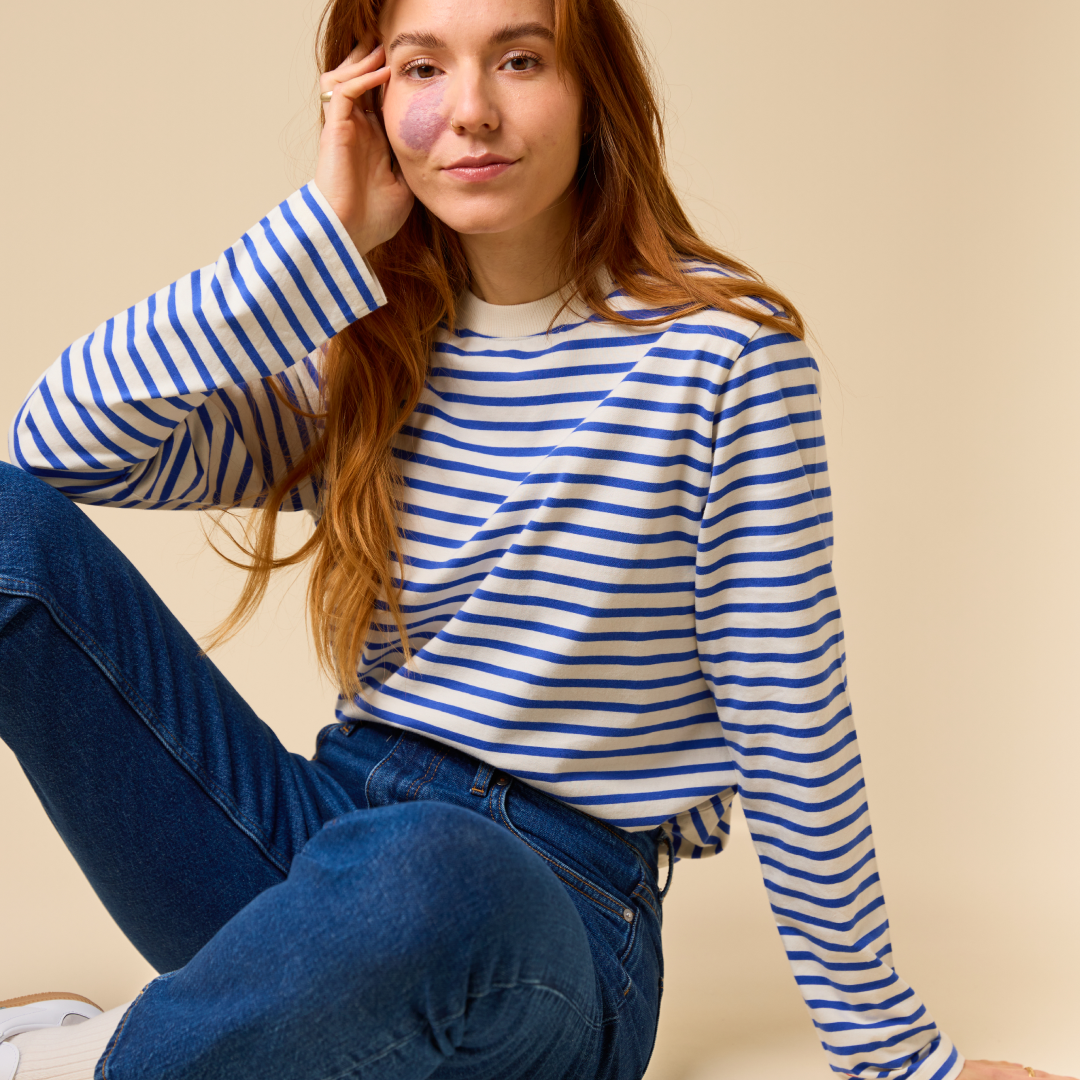 Striped Long Sleeve Shirt Set in Royal Blue/Off-White