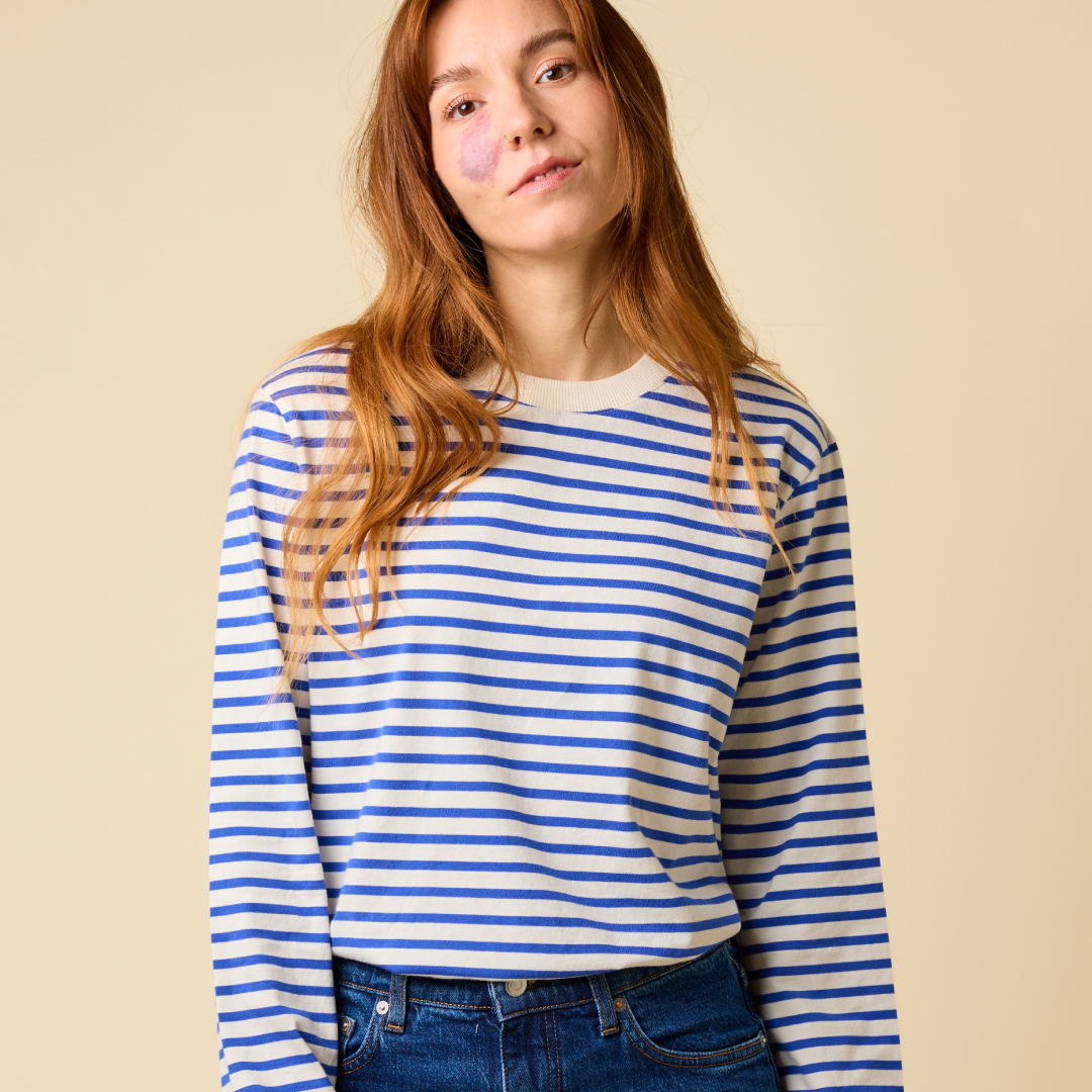 Striped Long Sleeve Shirt Set in Royal Blue/Off-White