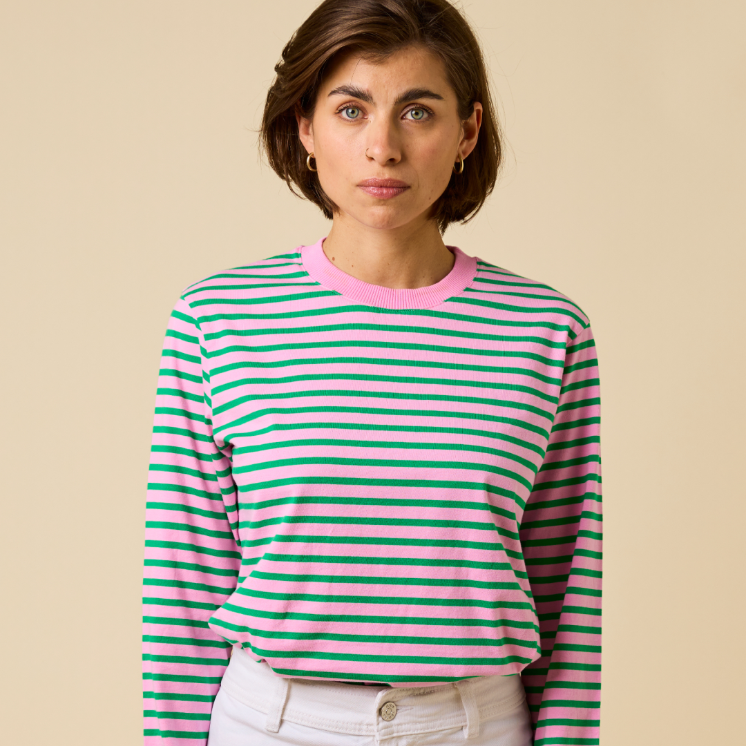 Organic Cotton Long Sleeve Shirt (Striped) in Pink/Green