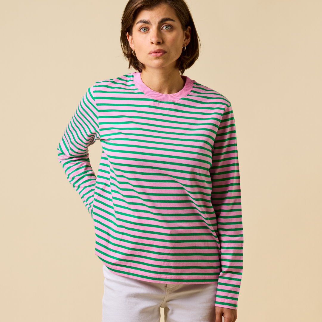 Organic Cotton Long Sleeve Shirt (Striped) in Pink/Green