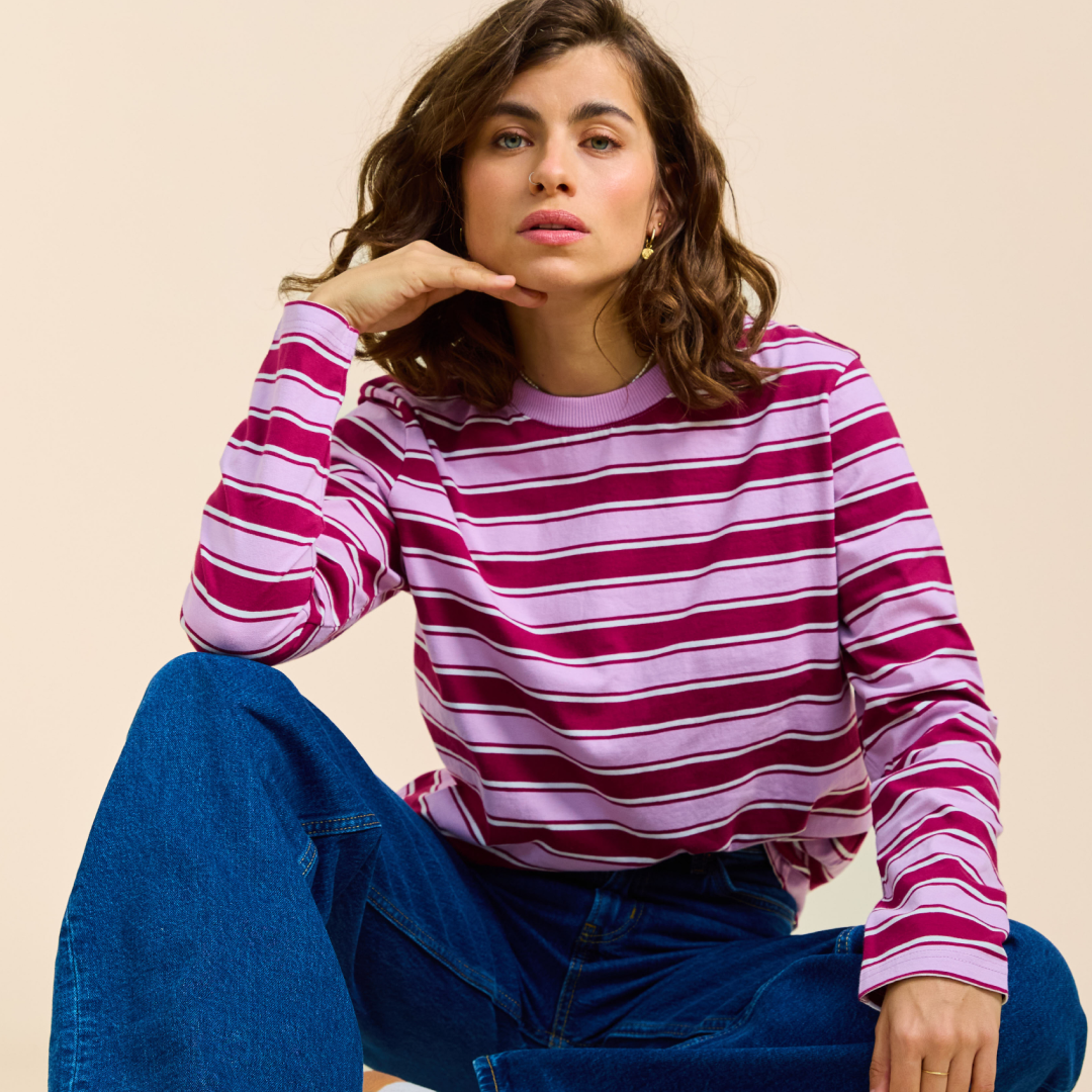 Langarmshirt Gestreift aus Bio-Baumwolle in Aubergine/Pink