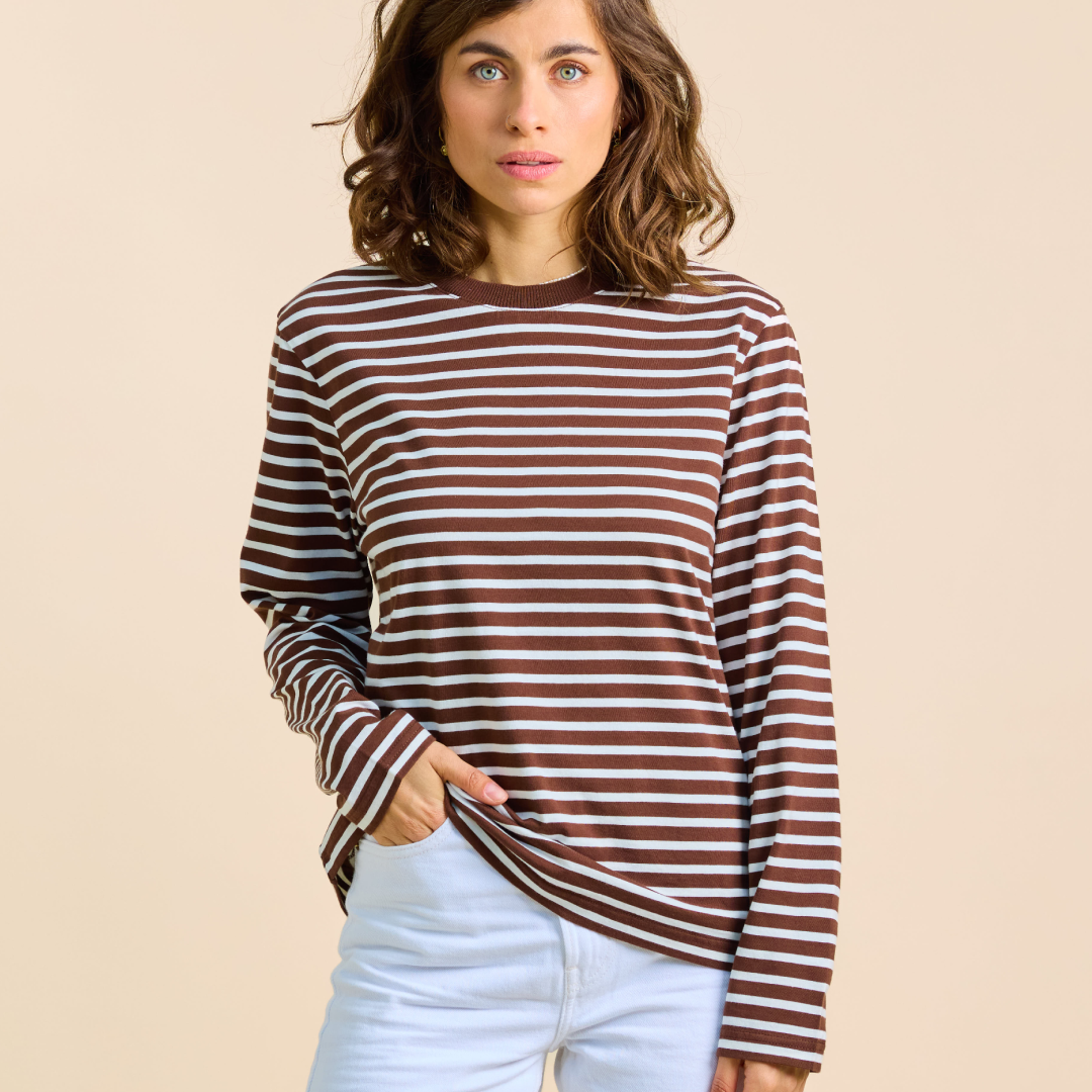 Organic Cotton Long Sleeve (Striped) in Brown/Off-White