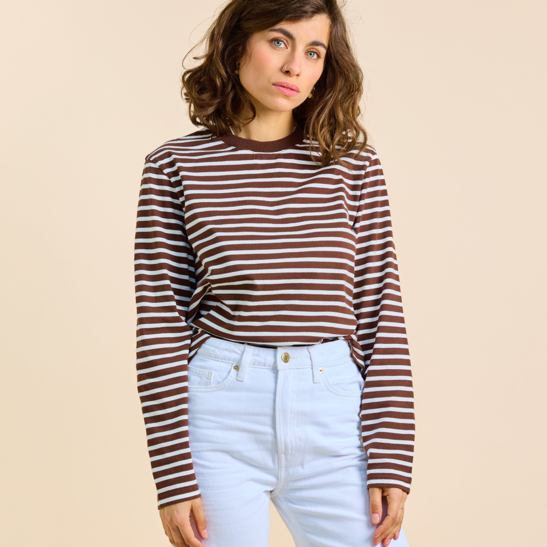 Organic Cotton Long Sleeve (Striped) in Brown/Off-White