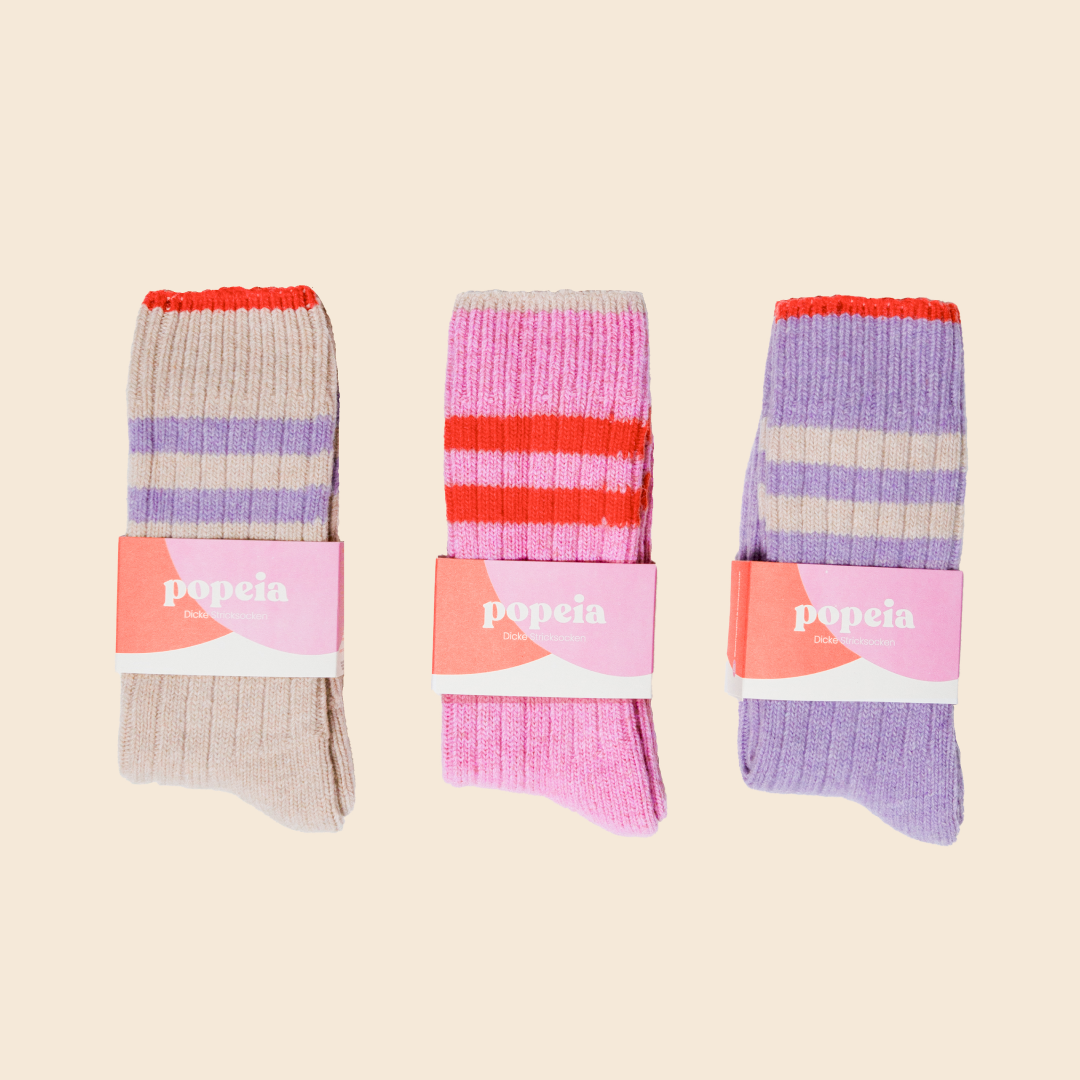 Dicke Stricksocken 3er Set - Ecru/Pink/Lila