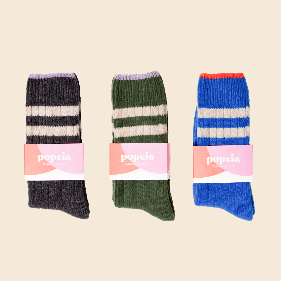 Dicke Stricksocken 3er Set - Grau/Grün/Königsblau