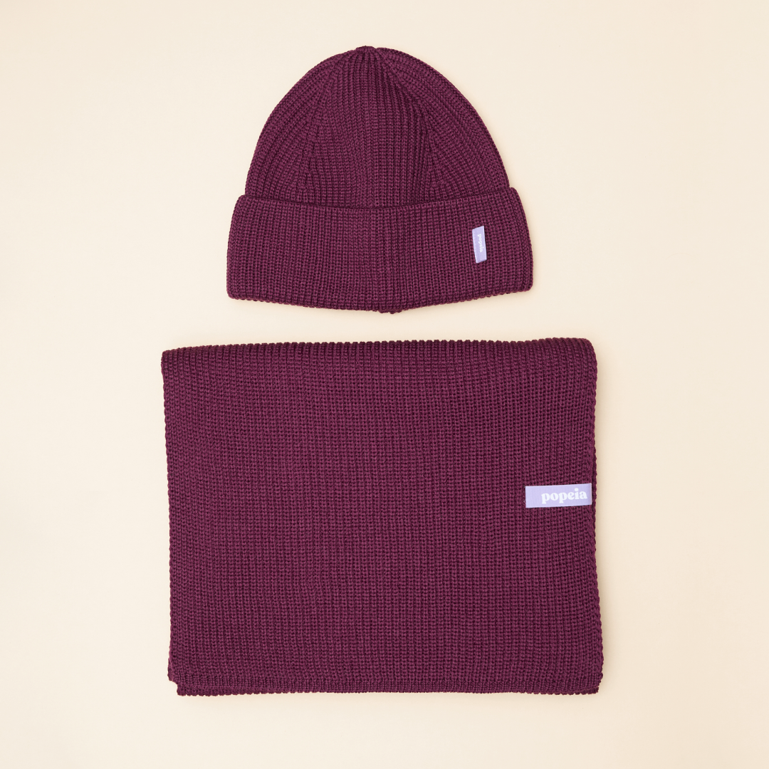 Beanie & Schal im Set - Aubergine
