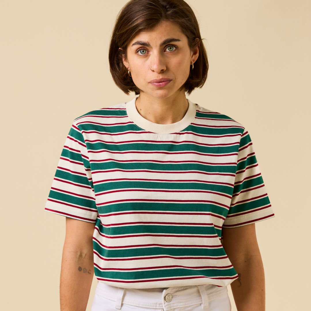 T-Shirt Gestreift aus Bio-Baumwolle in Dunkelgrün/Bordeaux