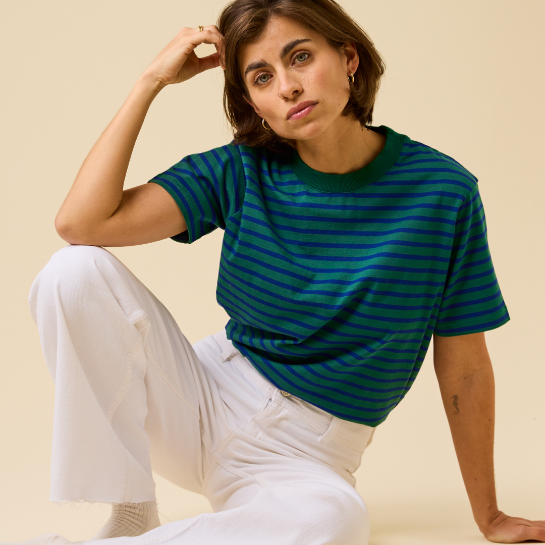 T-Shirt Gestreift aus Bio-Baumwolle in Dunkelgrün/Blau