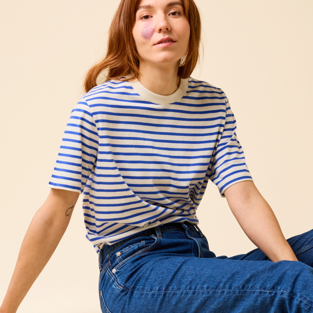 Organic Cotton T-Shirt (Striped) in Royal Blue/Off-White