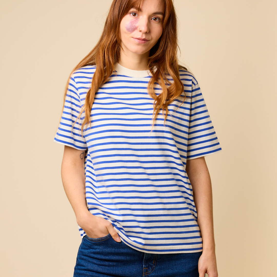 Organic Cotton T-Shirt (Striped) in Royal Blue/Off-White