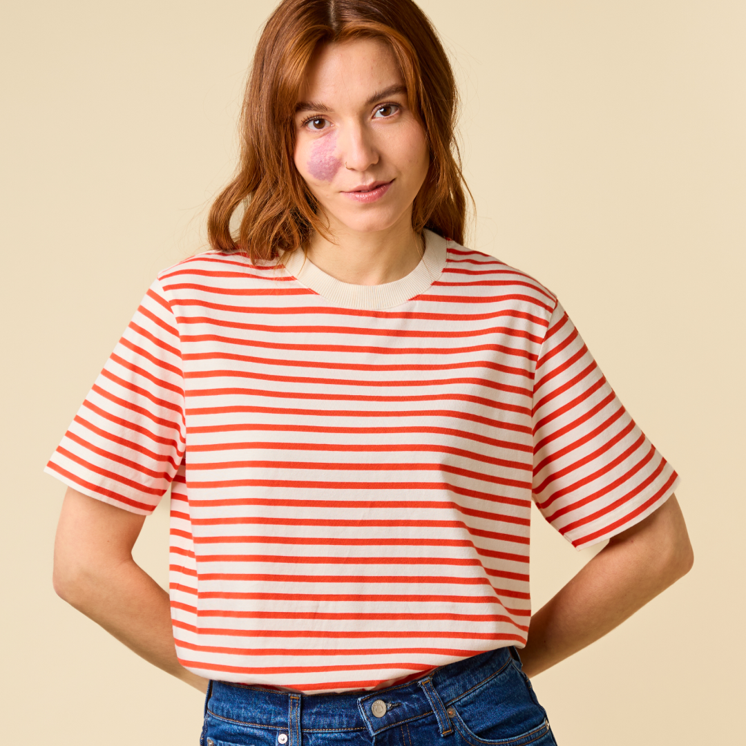 T-Shirt Set Gestreift in Popeia Rot/Off-White