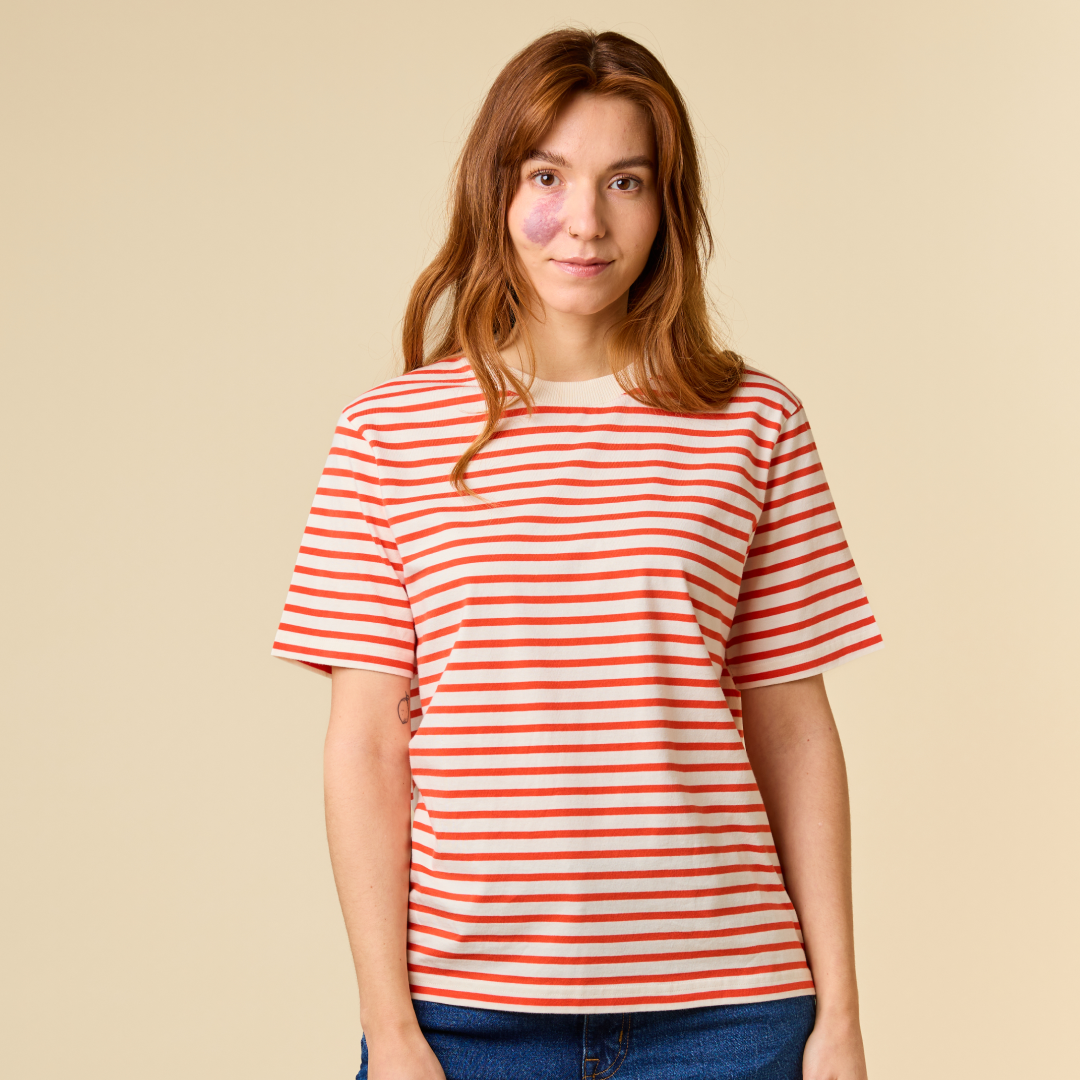 T-Shirt Set Gestreift in Popeia Rot/Off-White