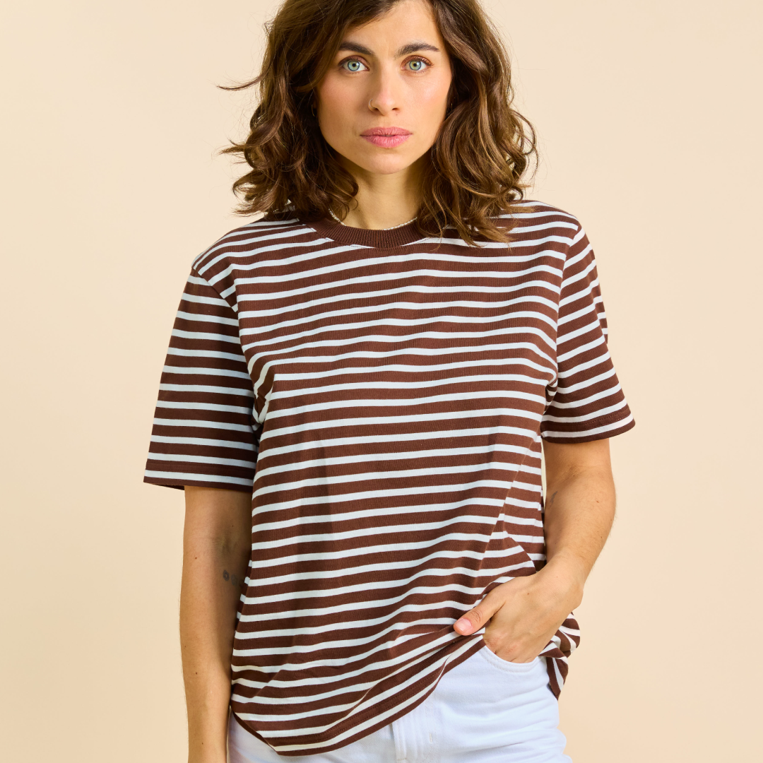 Organic Cotton T-Shirt (Striped) in Brown/Off-White
