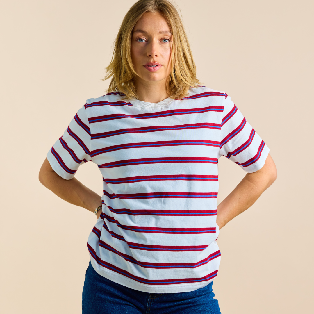 T-Shirt Gestreift aus Bio-Baumwolle in Königsblau/Rot