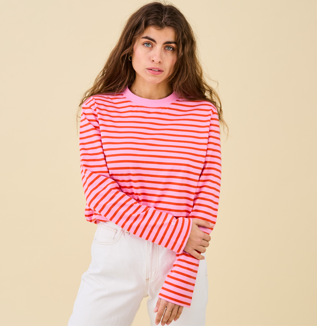 Organic Cotton Long Sleeve Shirt (Striped) in Pink/Red