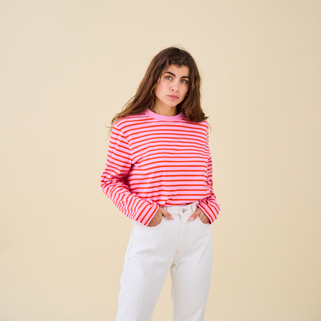 Striped Longsleeve Shirt Set in Pink/Red