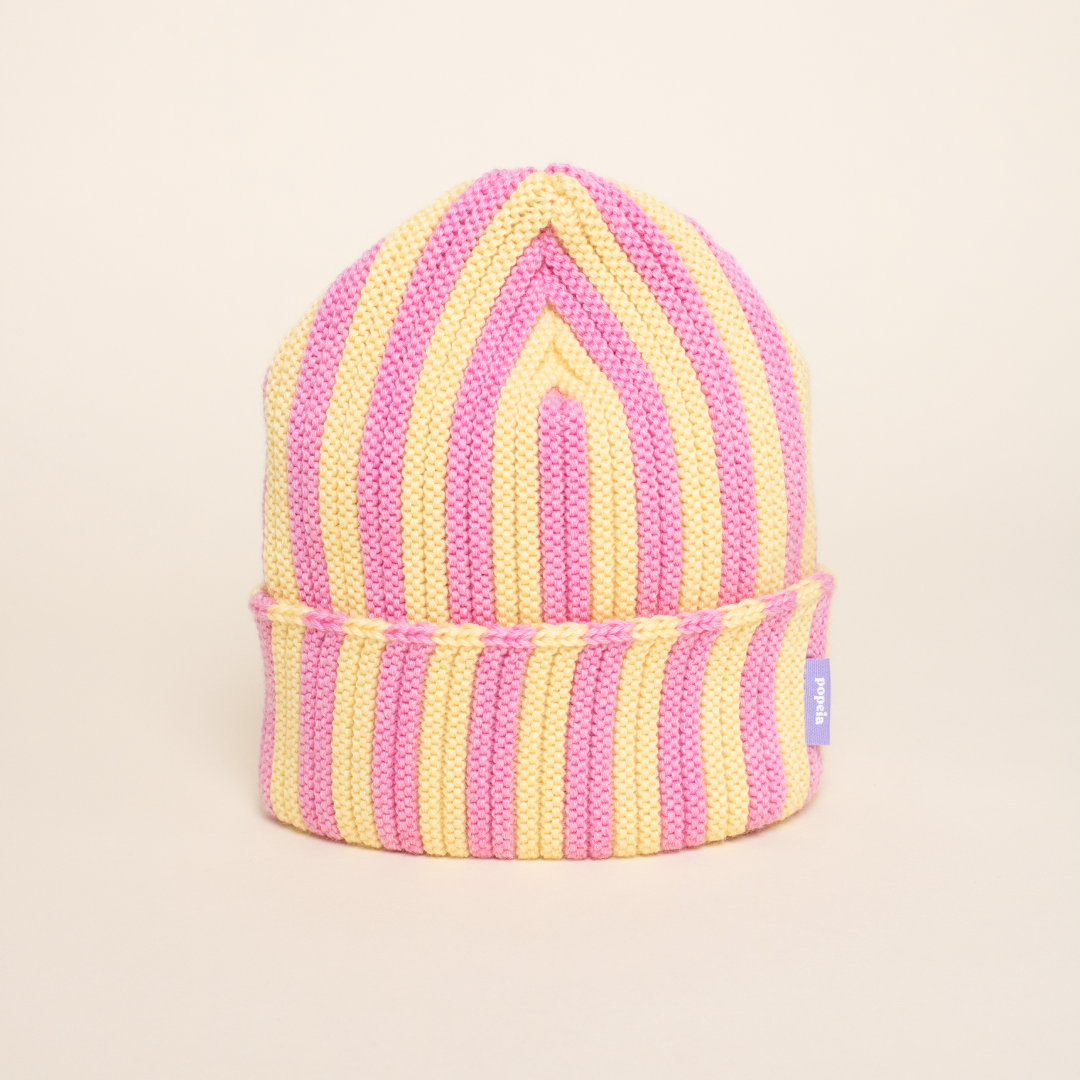 Special Beanie aus Merinowolle - Hellgelb/Pink