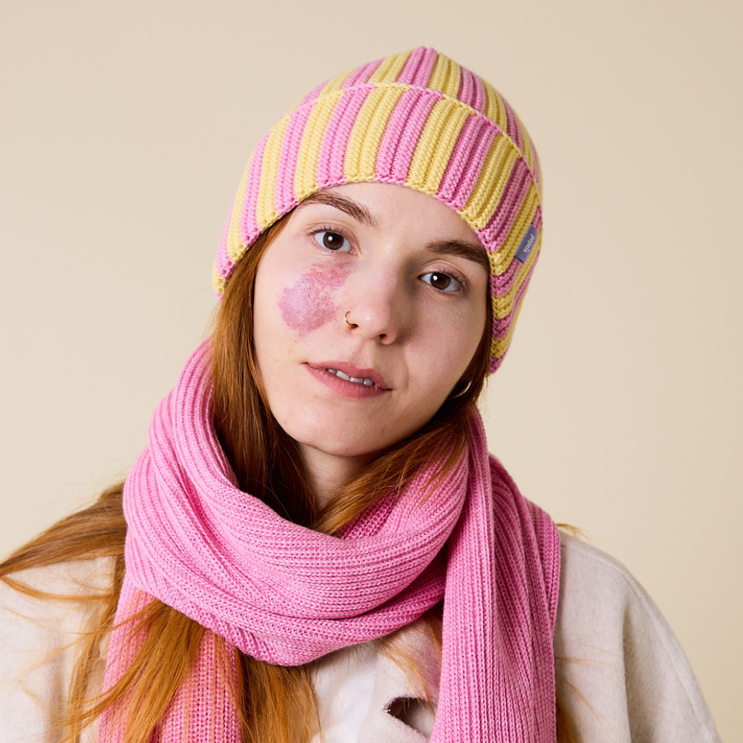 Special Beanie aus Merinowolle - Hellgelb/Pink