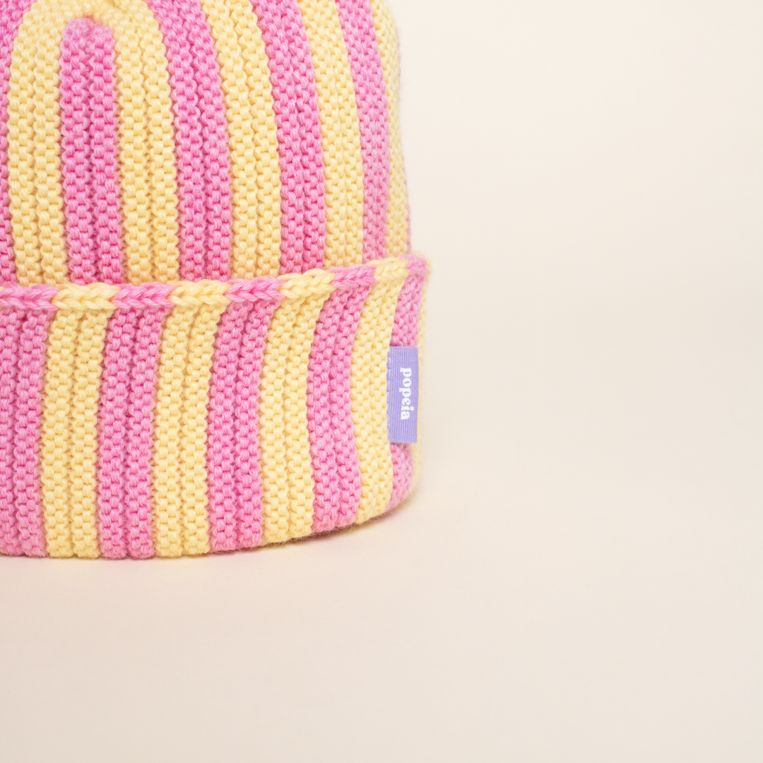 Special Beanie aus Merinowolle - Hellgelb/Pink