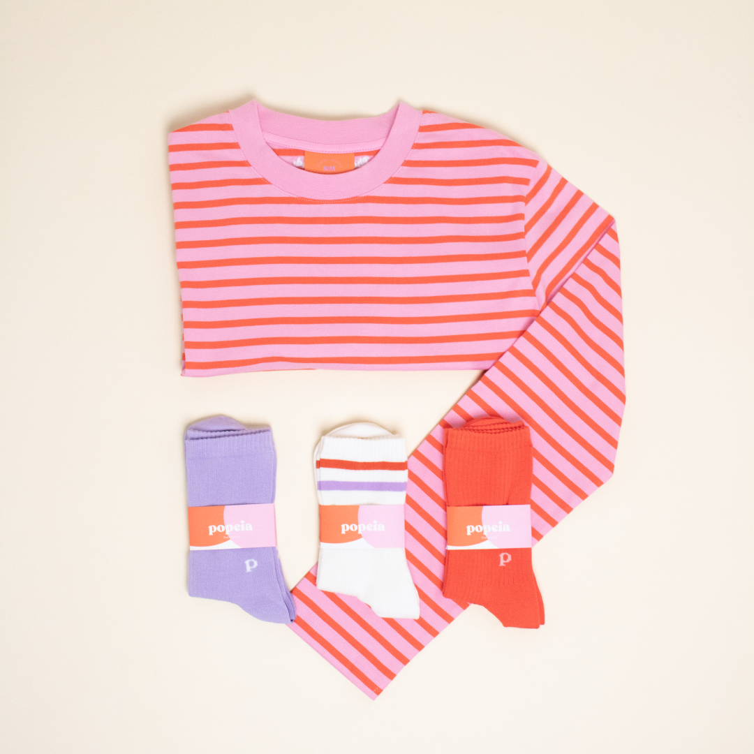 Striped Long Sleeve Shirt Set in Pink/Red