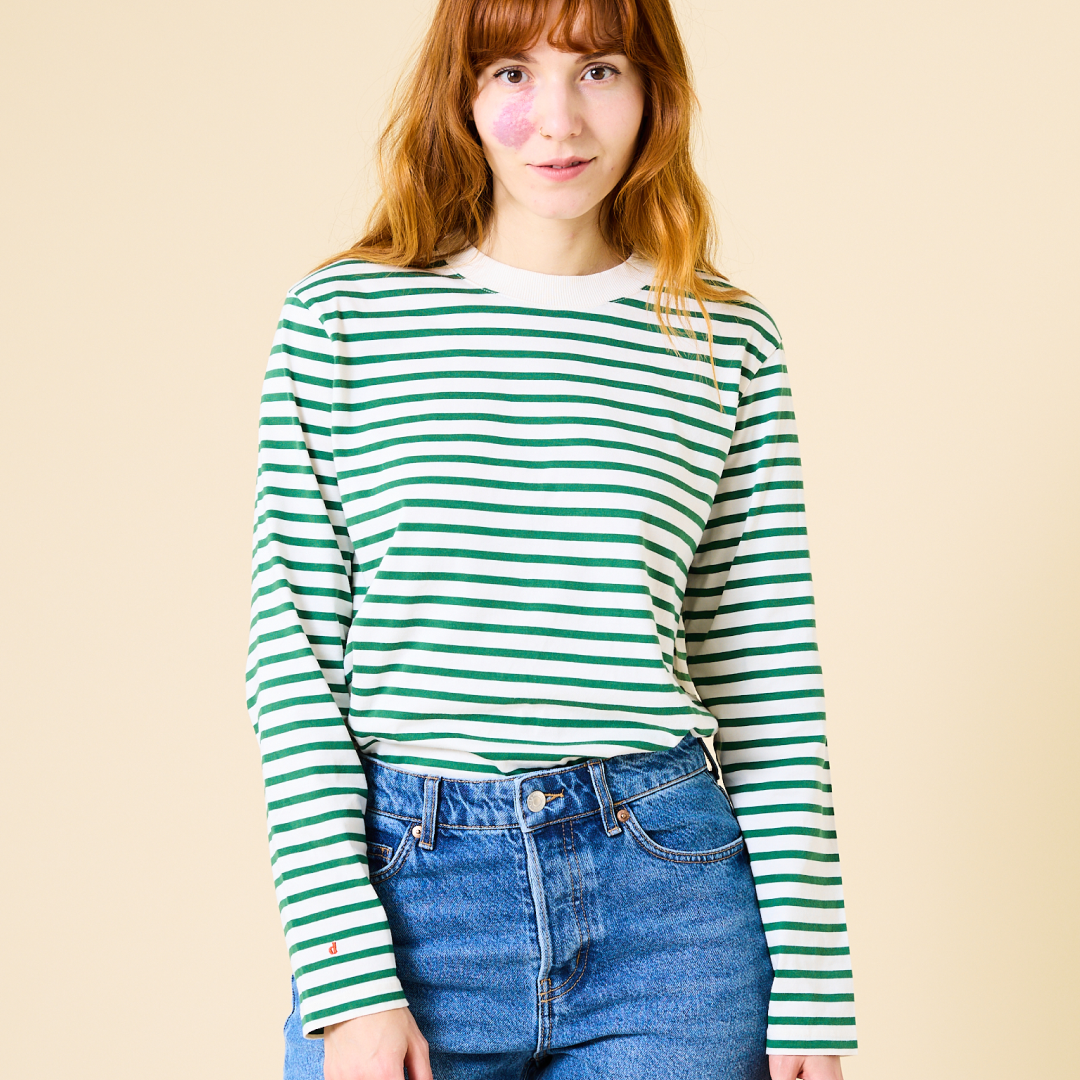 Organic Cotton Long Sleeve Shirt (Striped) in Green/White