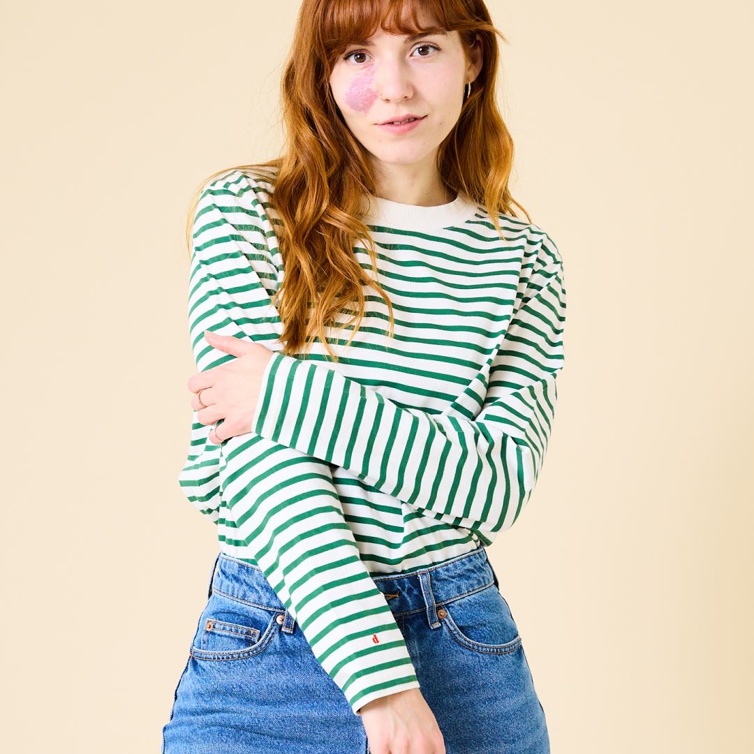 Organic Cotton Long Sleeve Shirt (Striped) in Green/White