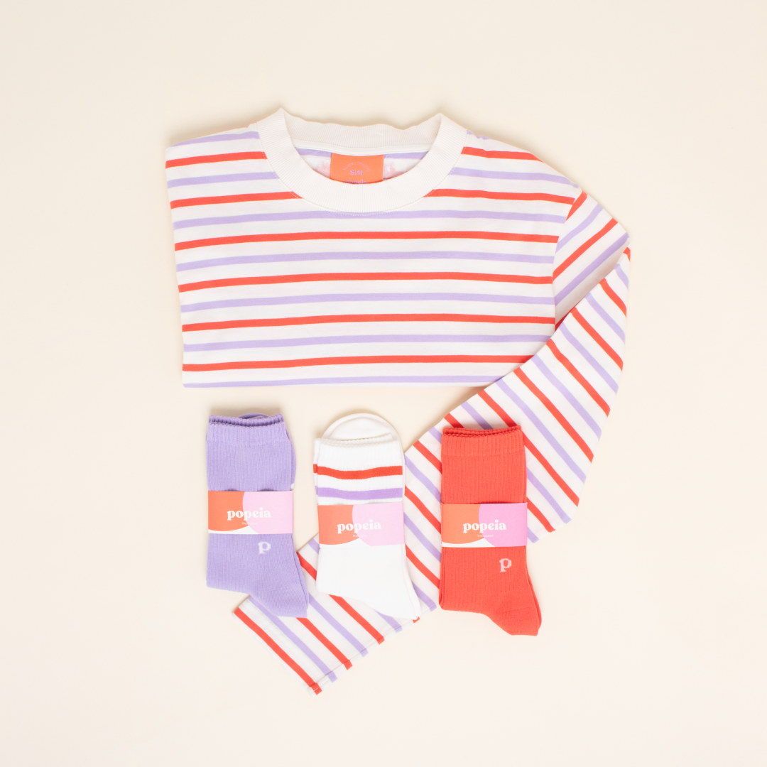 Striped Longsleeve Shirt Set in Lilac/Red/White