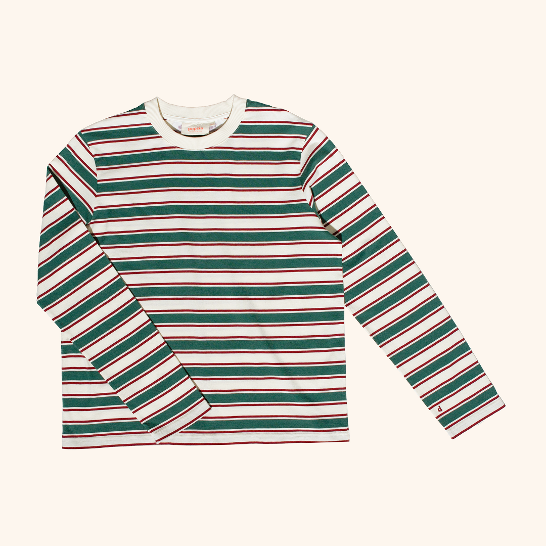 Organic Cotton Long Sleeve Shirt (Striped) in Dark Green/Bordeaux