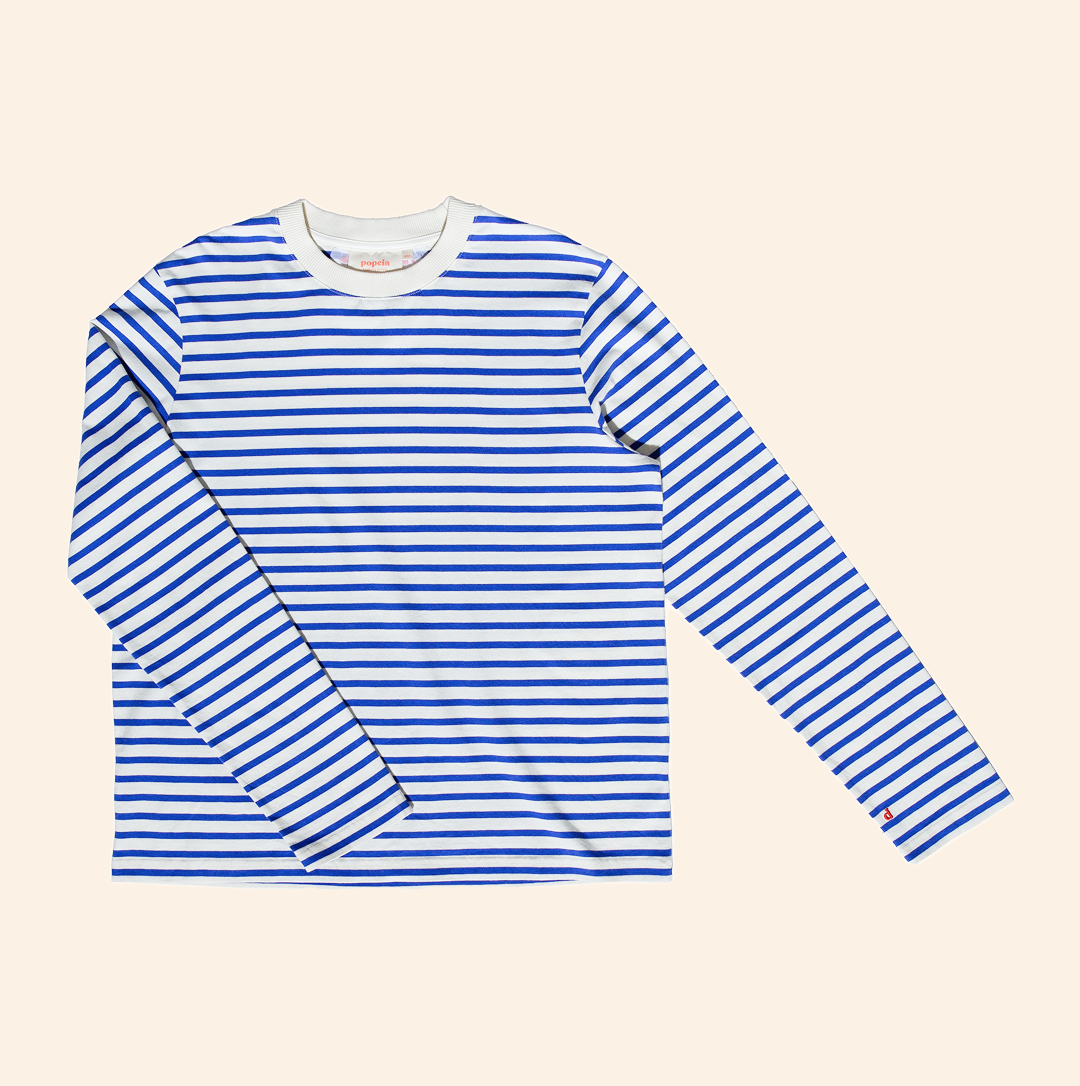 Organic Cotton Long Sleeve Shirt (Striped) in Royal Blue/Off-White