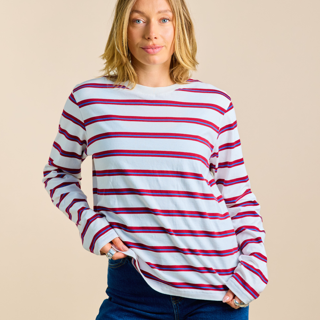 ‍Langarmshirt Gestreift aus Bio-Baumwolle in Königsblau/Rot (100% off)