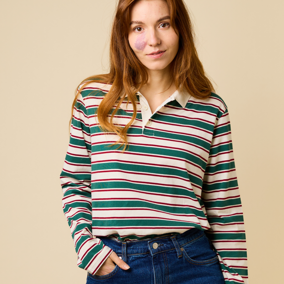 ‍Poloshirt Gestreift aus Bio-Baumwolle in Dunkelgrün/Bordeaux (100% off)