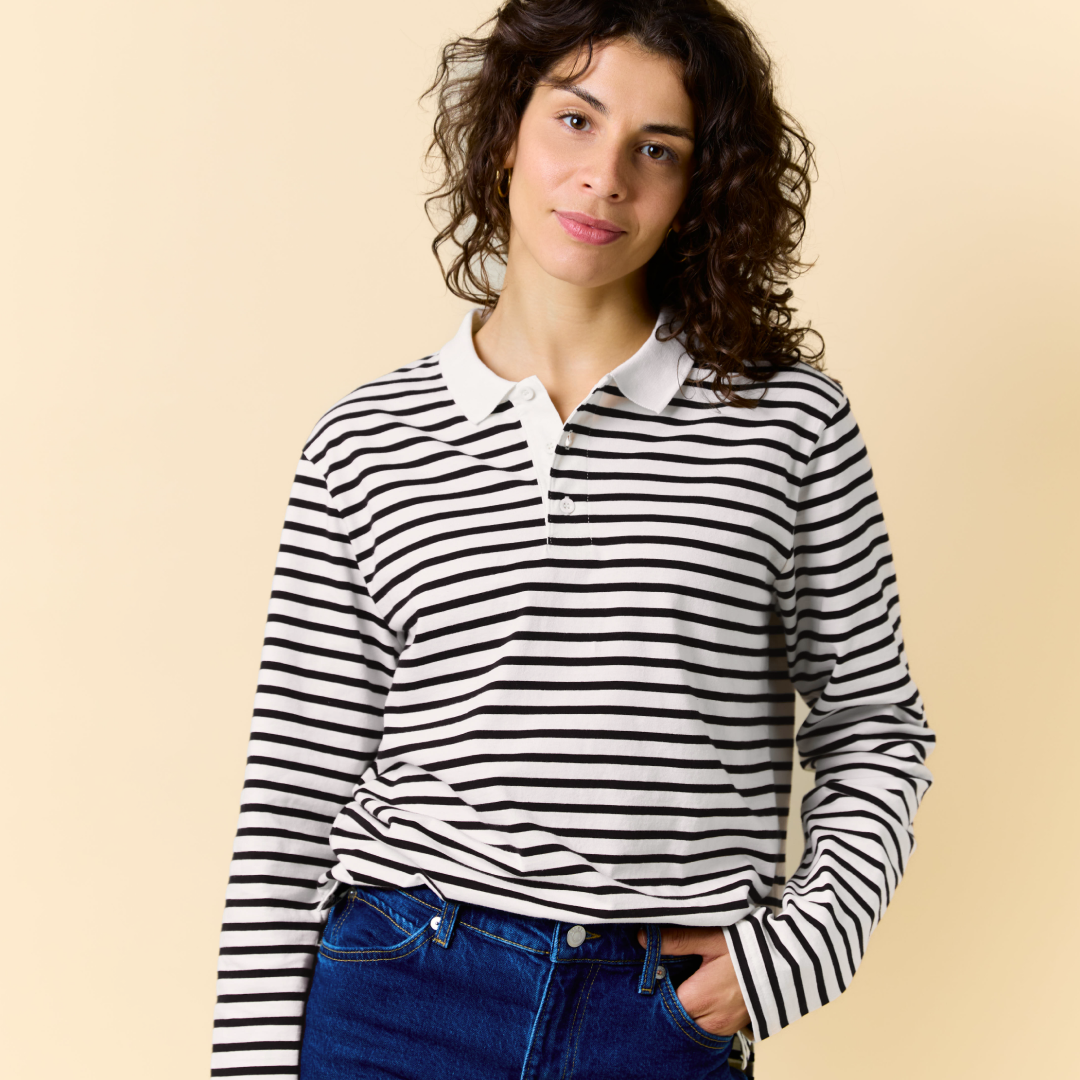 Striped Polo Shirt Set in Black/Off-White