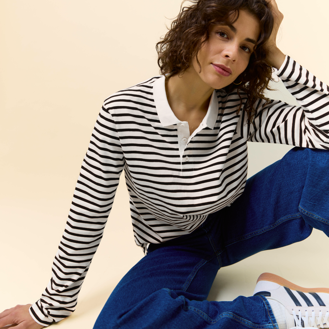 Poloshirt Gestreift aus Bio-Baumwolle in Schwarz/Off-White