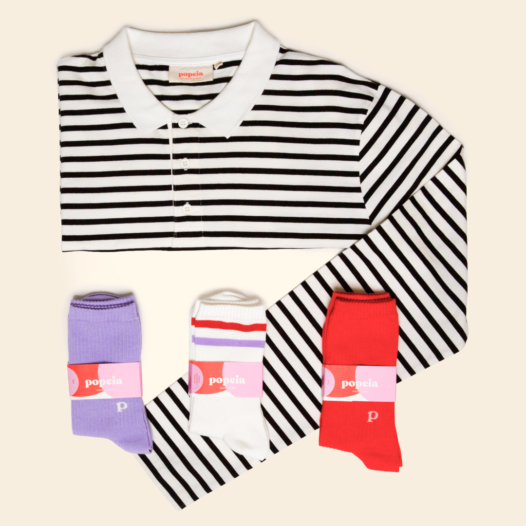Striped Polo Shirt Set in Black/Off-White