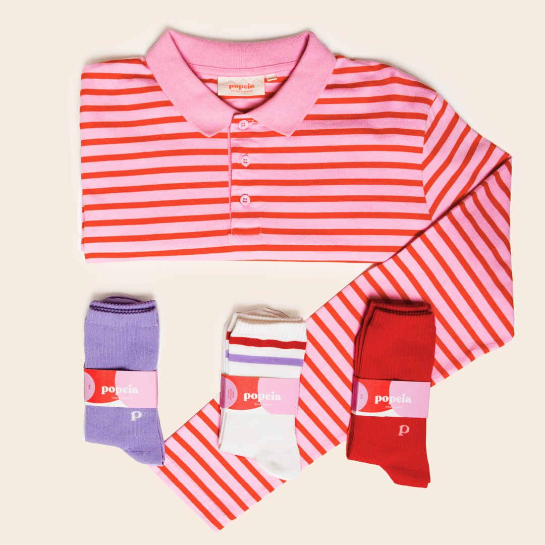 Striped Polo Shirt Set in Pink/Red