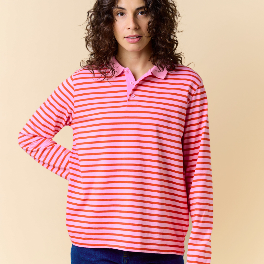 Poloshirt Gestreift aus Bio-Baumwolle in Pink/Rot
