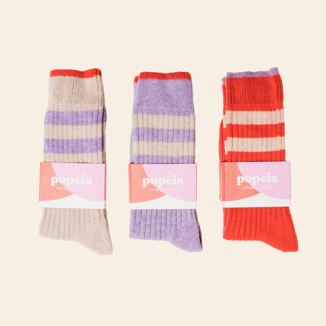 Dünne Stricksocken 3er Set - Ecru/Lila/Popeia Rot
