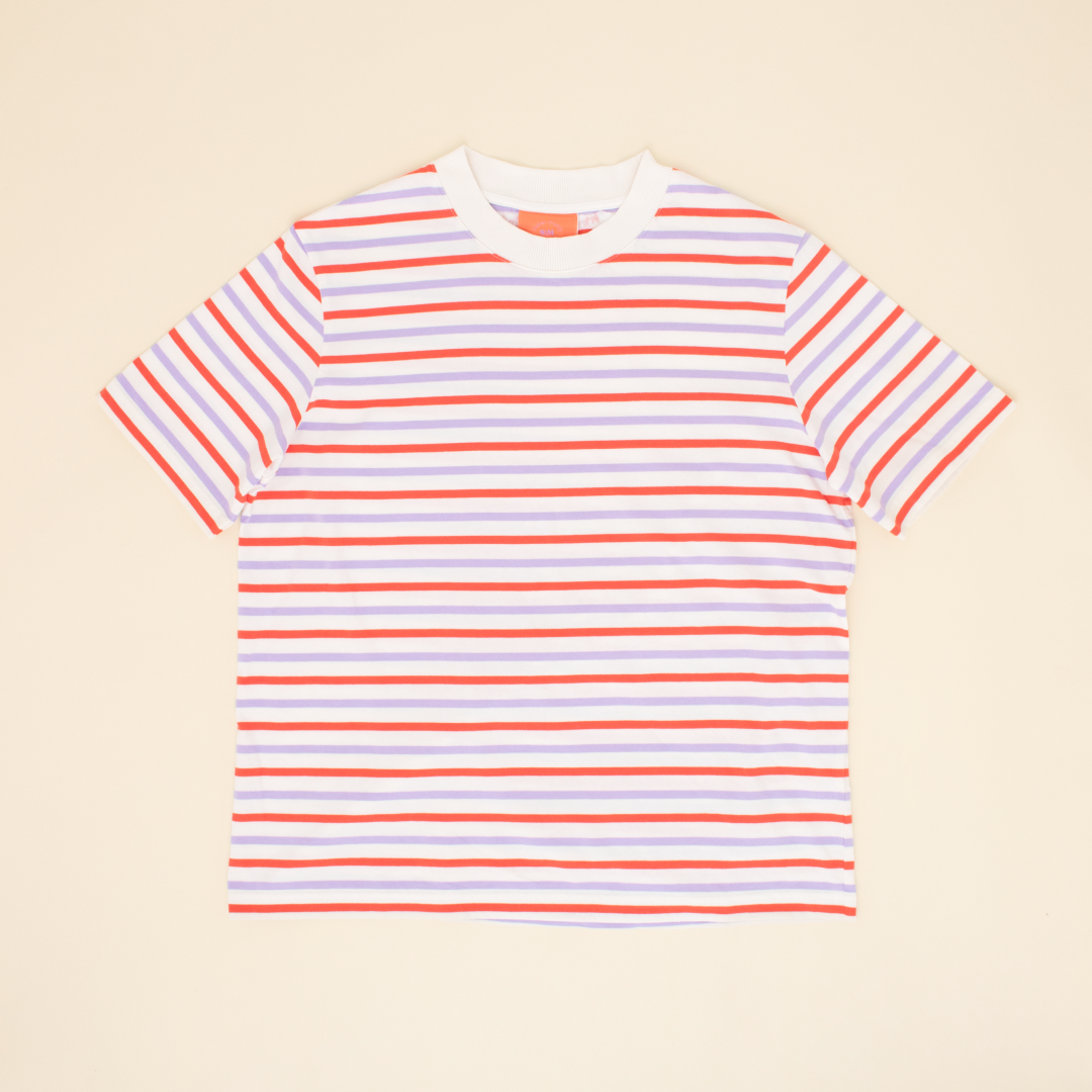 T-Shirt Gestreift aus Bio-Baumwolle in Rot/Lila/Weiß