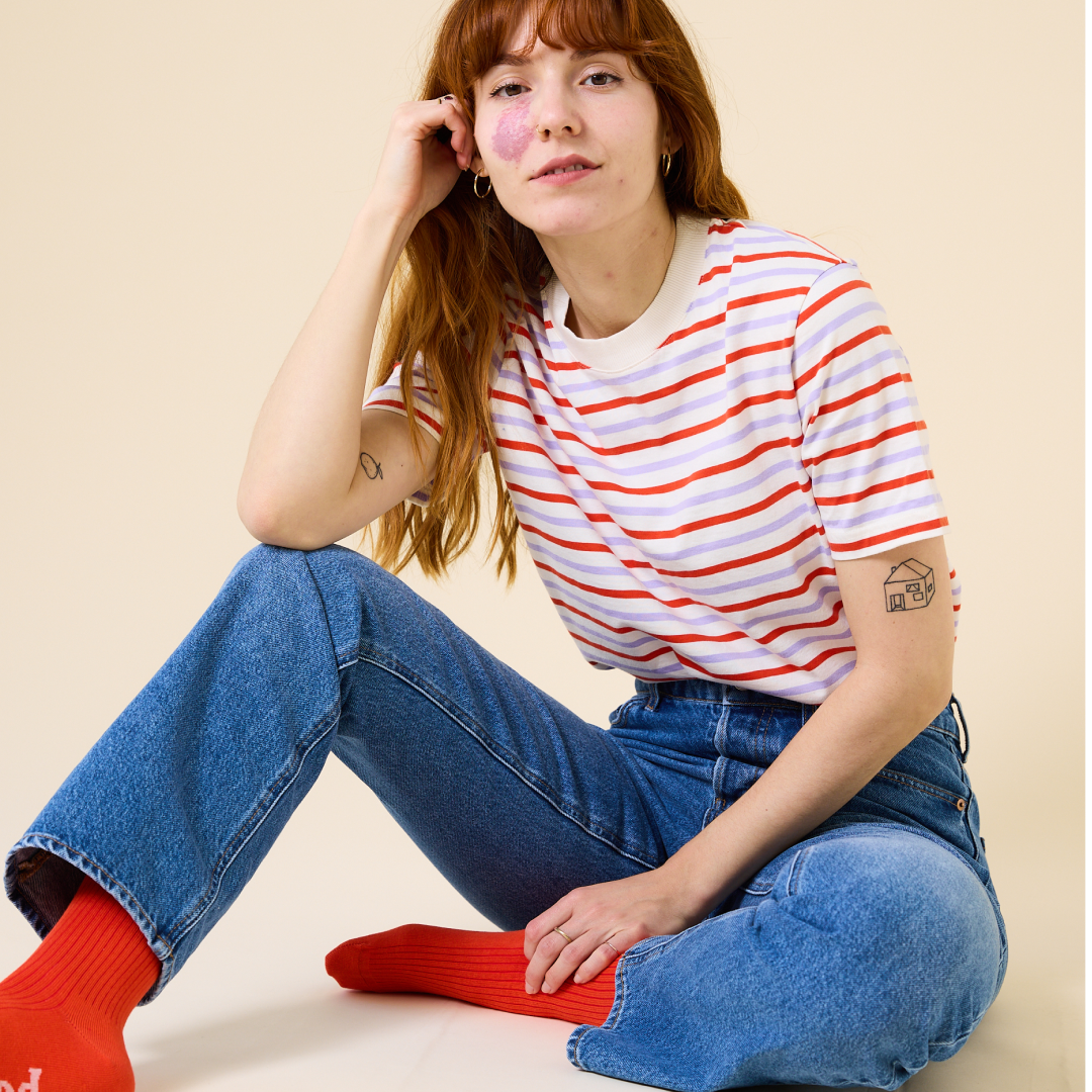 Striped T-Shirt Set in Red/Lilac/White