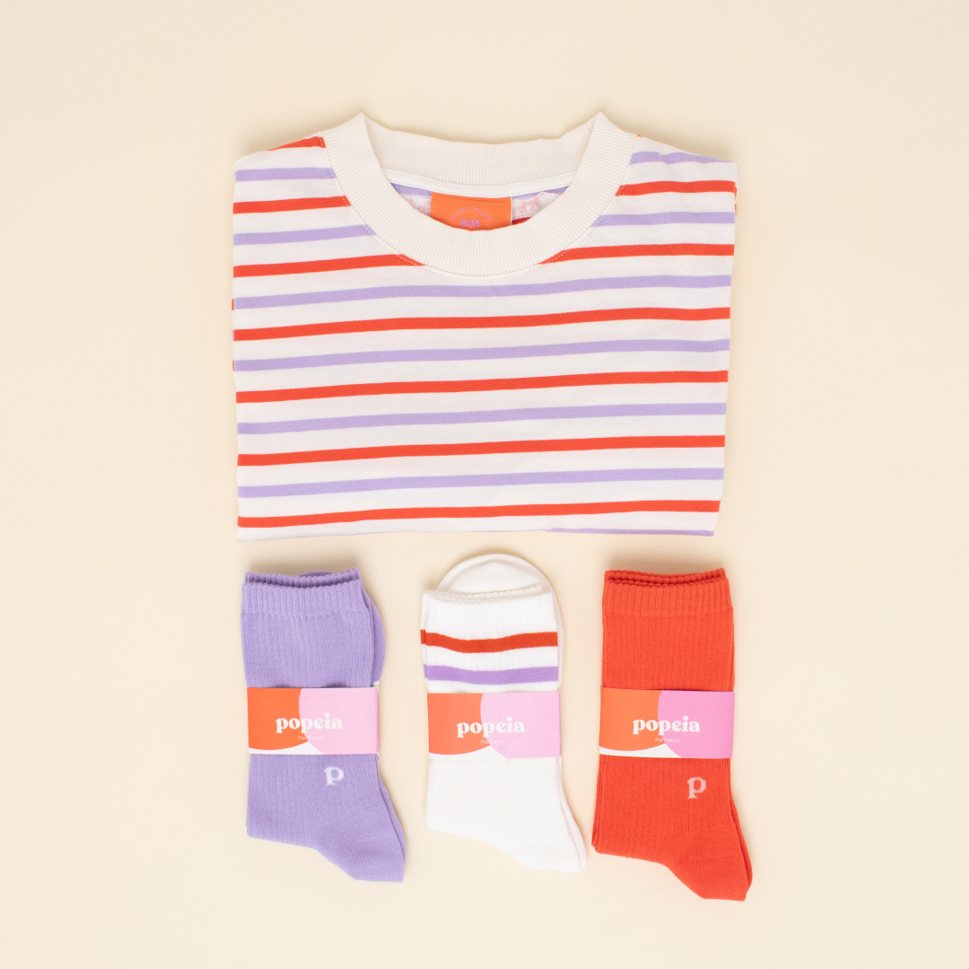Striped T-Shirt Set in Red/Lilac/White