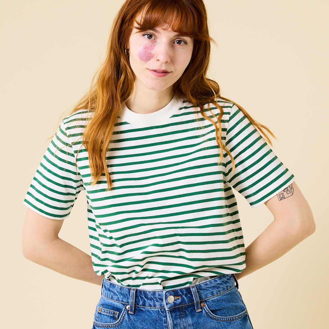 ‍T-Shirt Gestreift aus Bio-Baumwolle in Grün/Off-White (100% off)