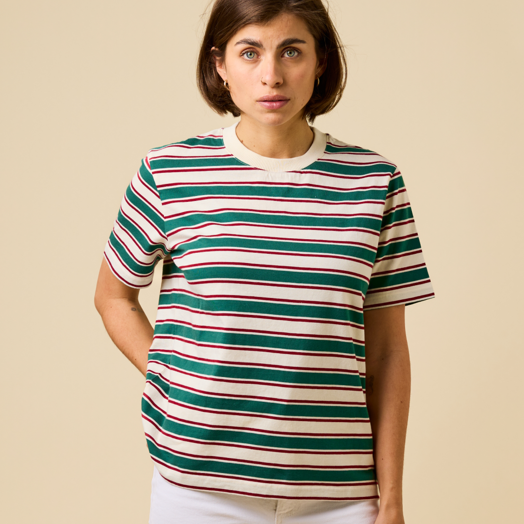 Organic Cotton T-Shirt (Striped) in Dark Green/Bordeaux