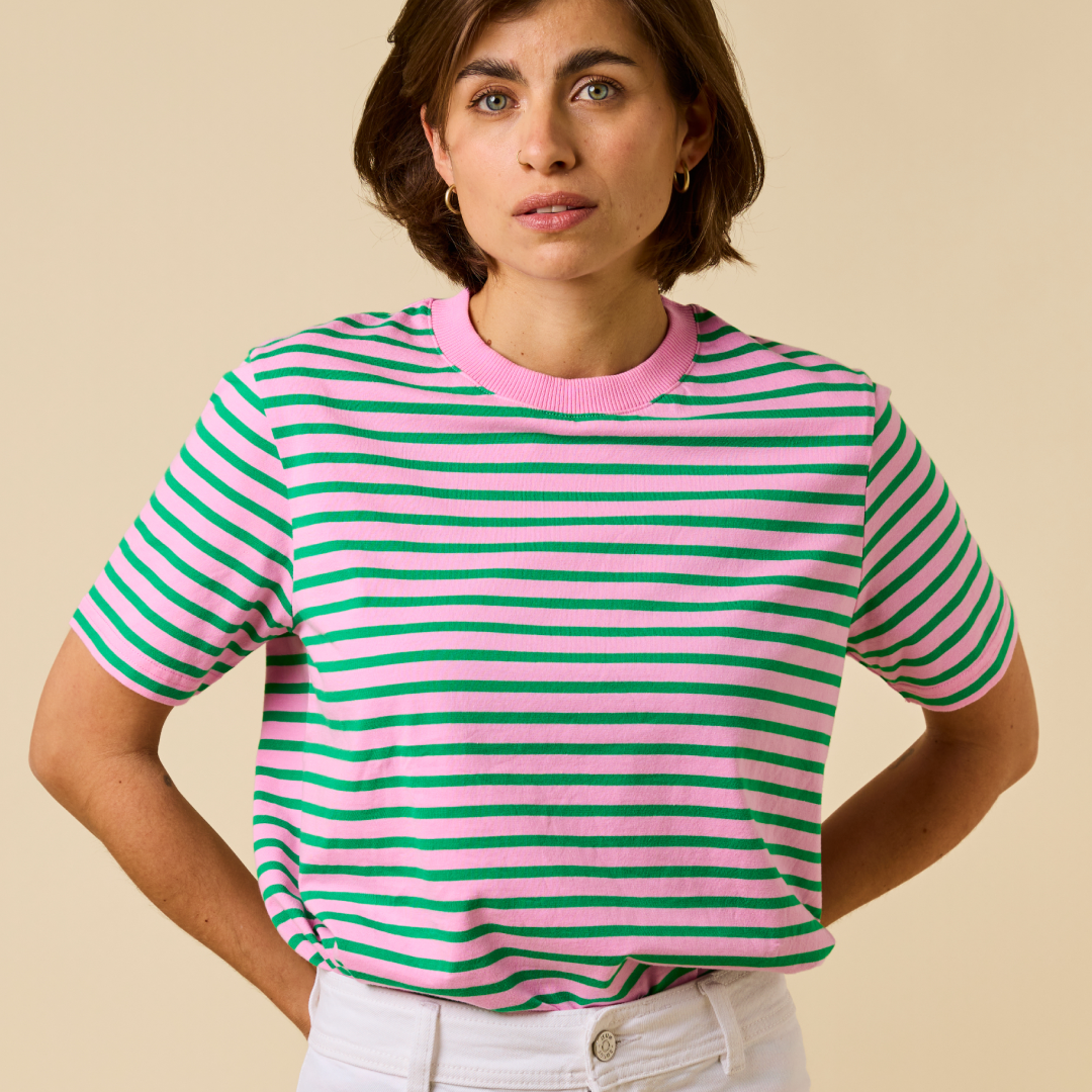 ‍T-Shirt Gestreift aus Bio-Baumwolle in Pink/Grün (100% off)